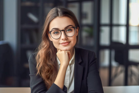 Portrait of young businesswoman in eyeglasses sitting at desk in office. Generative AI.の素材