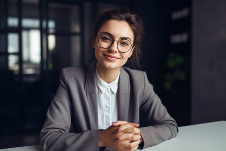 Portrait of young businesswoman in eyeglasses sitting at desk in office. Generative AI.の素材