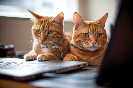 Two ginger cats are lying on the table with a laptop and looking at the camera. Generative AI.の素材