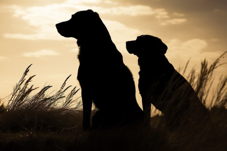 Silhouette of a dog and a dog in the field at sunset. Generative AI.の素材