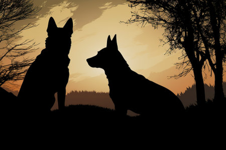 Silhouette of a dog and a dog in the field at sunset. Generative AI.の素材