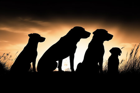 Silhouette of a dog and a dog in the field at sunset. Generative AI.の素材
