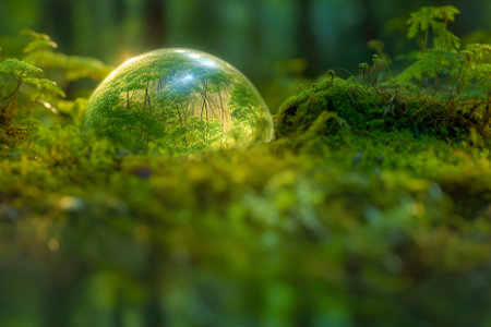 Crystal ball in the forest with green moss and reflection on the surface. Generative AI.の素材