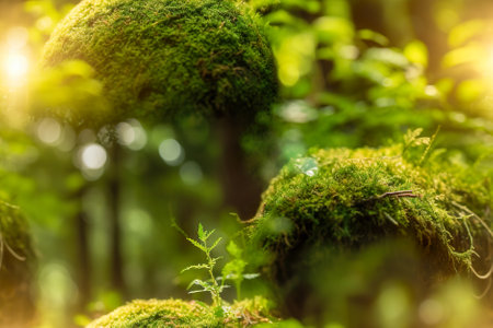 Crystal ball in the forest with green moss and reflection on the surface. Generative AI.の素材