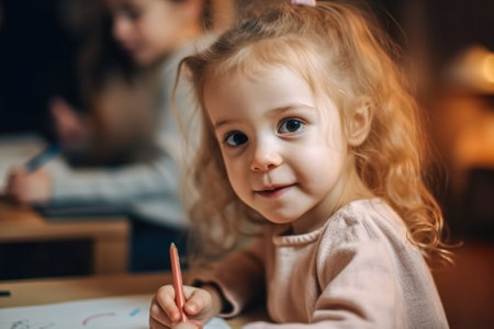 cute little girl drawing with pencils while sitting at table in classroom. Generative AI.の素材