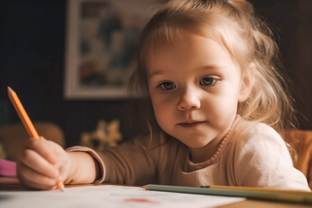 cute little girl drawing with pencils while sitting at table in classroom. Generative AI.の素材