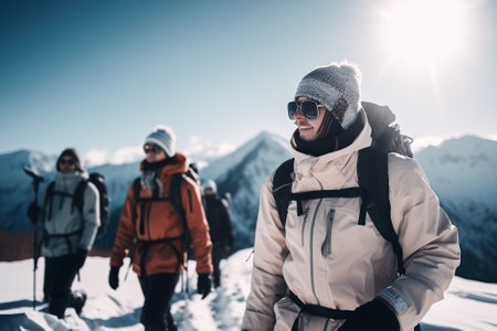 Group of hikers walking on snow in winter mountains. Hikers with backpacks. Generative AI.の素材