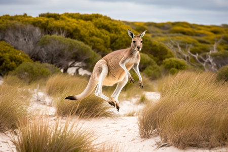 Kangaroo jumping on the beach, Kangaroo island. Generative AI.の素材