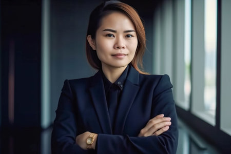 Portrait of a beautiful Asian businesswoman in suit and glasses. Generative AI.の素材