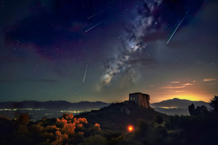Beautiful night sky with stars and milky way above the mountains. Generative AI.の素材