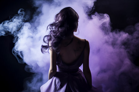 Young beautiful woman in a purple dress dancing in the dark with smoke. Generative AI.の素材