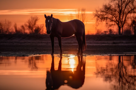 Horse in a waterhole at sunset, reflected in the water. Generative AI.の素材