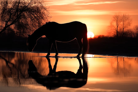 Horse in a waterhole at sunset, reflected in the water. Generative AI.の素材