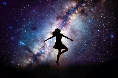 Silhouette of a young woman jumping against milky way background. Generative AI.の素材