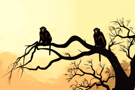 Monkey family sitting on a tree branch. Generative AI.の素材