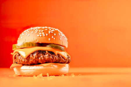 Big tasty cheeseburger on a bright yellow and red background. Generative AI.の素材