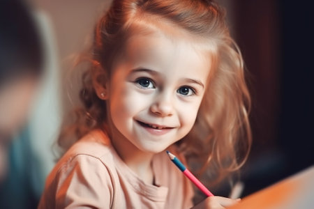 cute little girl drawing with pencils while sitting at table in classroom. Generative AI.の素材
