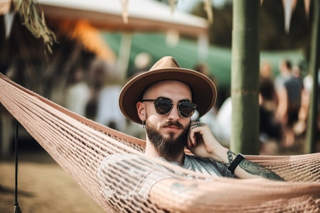 hipster in a hat and glasses in a hammock. Generative AI.の素材