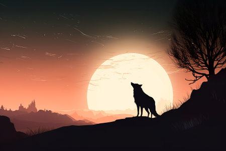 Silhouette of a wolf in the forest at night. Generative AI.の素材