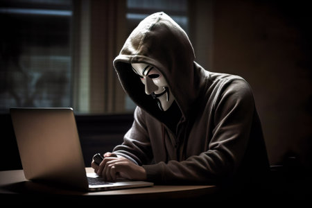 Hooded hacker stealing data from a laptop at night. dark background. Generative AI.の素材