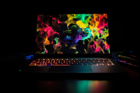Closeup of a laptop with colorful lights on a dark background. Generative AI.の素材