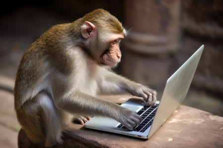 Monkey with a laptop. Generative AI.の素材