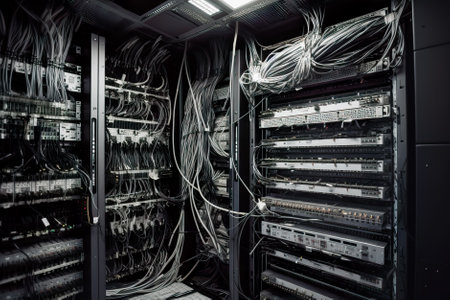 network server room with lots of cables ready for data transfer - technology background. Generative AI.の素材