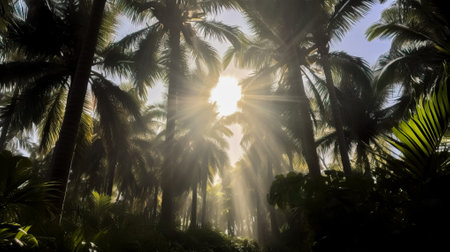 Palm trees in the park at sunset. Tropical background. vintage tones. Generative AI.の素材