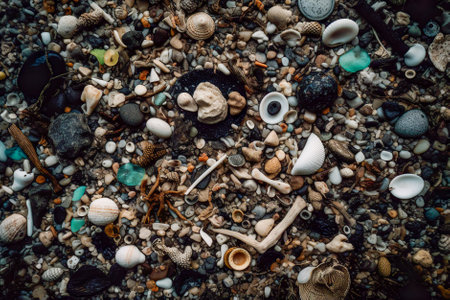 close-up garbage thrown to the beach. Generative AI.の素材