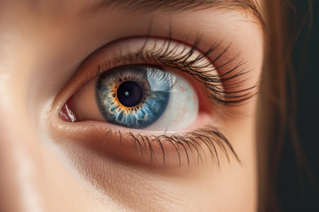 Close-up shot of a beautiful woman's blue eye. macro. Generative AI.の素材