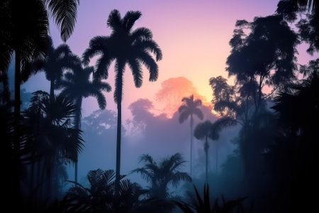 silhouette of palm trees in foggy tropical forest at night. Generative AI.の素材