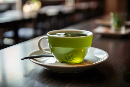 Green tea in a glass cup on a wooden table. Black background. Generative AI.の素材