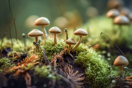 Mushrooms growing in the forest. selective focus. Shallow depth of field. Generative AI.の素材