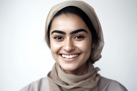 Portrait of a beautiful asian muslim woman wearing hijab smiling at camera isolated over white background. Generative AI.の素材
