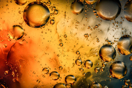 Oil drops on water surface. Abstract colorful background with oil bubbles. Generative AI.の素材