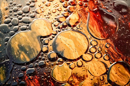 Oil drops on water surface. Abstract colorful background with oil bubbles. Generative AI.の素材