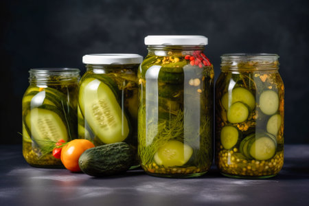 Marinated pickled cucumbers in glass jars on a black background. Generative AI.の素材