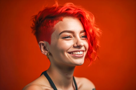 Portrait of a beautiful young woman with red hair and headphones on a red background. Generative AI.の素材