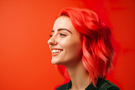 Portrait of a beautiful young woman with red hair and headphones on a red background. Generative AI.の素材