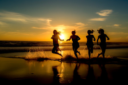 Group of friends running on the beach at sunset. Concept of healthy lifestyle and active vacations. Generative AI.の素材