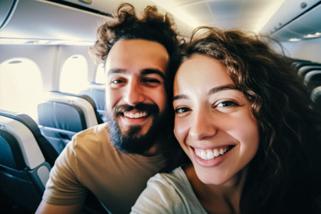 selfie of a couple on vacation in the cabin. Generative AI.の素材