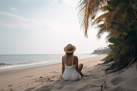 Beautiful woman in white dress and hat sitting on the sand beach. Generative AI.の素材