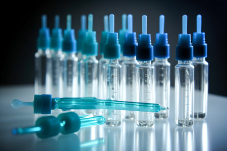 Plastic pipette with blue liquid on black background, closeup. Generative AI.の素材