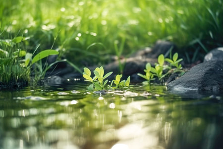 green leaves in water with sunlight. Nature background with copy space. Generative AI.の素材