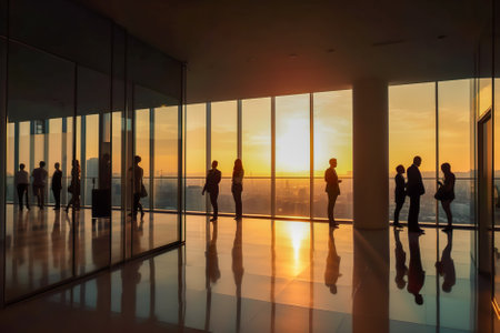 Silhouette of business people walking in office building with sun light. Generative AI.の素材