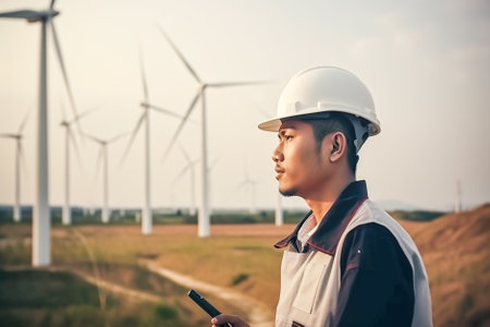 Back view of engineer wearing safety helmet and reflective vest standing on wind turbine field at sunset. Generative AI.の素材