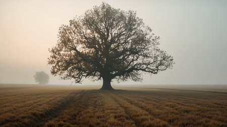 Old oak tree in a foggy meadow in the morning. Generative AI.の素材