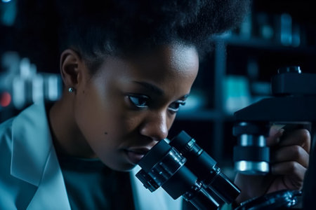 african american scientist looking at microscope in dark laboratory at night. Generative AI.の素材