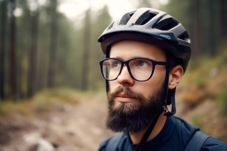 portrait of a man with a beard in a bicycle helmet. Generative AI.の素材