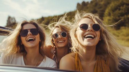 portrait of three african american girls in the car in summer. Generative AI.の素材